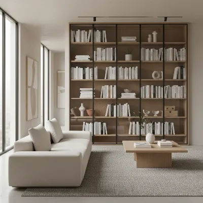 A modern living room with a sleek glass door bookshelf displaying books and decorative items