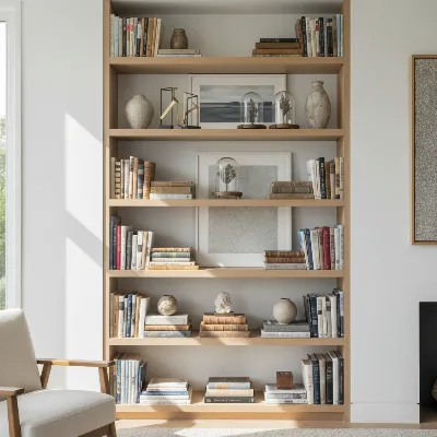 A beautifully styled bookshelf showcasing depth through layering, with larger items at the back and smaller objects in front, creating visual interest and dimension in a modern living room.