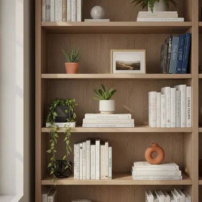 A stylish bookshelf featuring a mix of books, decorative items, and vibrant green plants that add life and warmth to the display in a contemporary home setting.
