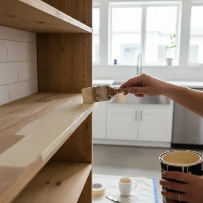 A person meticulously painting a prepped bookshelf with a paintbrush, transforming it into a kitchen pantry in a well-lit home setting. 