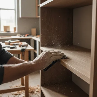 Person sanding an old wooden bookshelf, preparing it for painting during an upcycling project into a kitchen pantry.