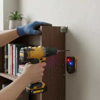 A person installing L-shaped metal brackets to secure a tall wooden bookshelf to a drywall with stud finder and drill.