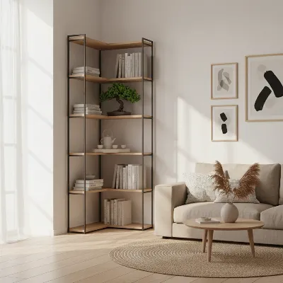 Castlery-inspired Nathan Corner Bookshelf in a Japandi style living space with warm lighting.
