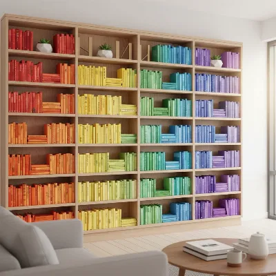 A perfectly organized bookshelf with books arranged in a vibrant rainbow gradient, clean lines, decorative elements, modern home interior, artistic and realistic style