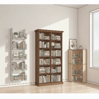 Conceptual image illustrating three types of book shelves: wall-mounted, freestanding, and corner, in a minimalist room.