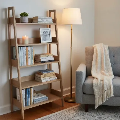 An inviting corner of a cozy apartment featuring a modern ladder bookshelf with various home decor items, warm lighting, and a comfortable armchair for reading