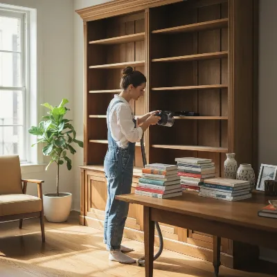 Woman thoroughly deep cleaning a bookshelf with a vacuum and microfiber cloth