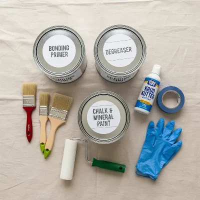 A collection of essential DIY tools for painting a bookshelf without sanding, including primer, paint, brushes, rollers, degreaser, and painter's tape.
