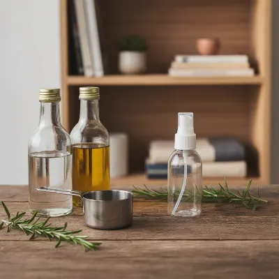 DIY dusting spray ingredients on a wooden surface next to a clean bookshelf