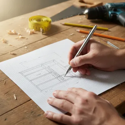 A person sketching a bookshelf design on paper with measurements and a pencil, surrounded by various hand tools.