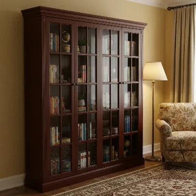 A large, elegant freestanding glass door bookshelf in a traditional living room