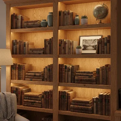 A neatly organized wooden bookshelf with heavier, larger books on the bottom shelves and lighter, smaller items on the top shelves.