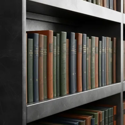 Close-up of a sturdy heavy-duty steel bookshelf shelf filled with large, heavy books, demonstrating its load capacity.