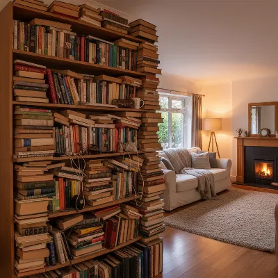 A cluttered, disorganized bookshelf with books piled haphazardly, varying sizes and colors creating visual chaos, warm indoor lighting, realistic style