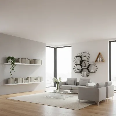 A modern living room featuring various minimalist floating bookshelf styles: classic wall-mounted, corner, and geometric designs.