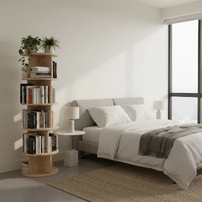 A stylish, minimalist bedroom with a modern rotating corner bookshelf against a light wall, filled with books and small plants