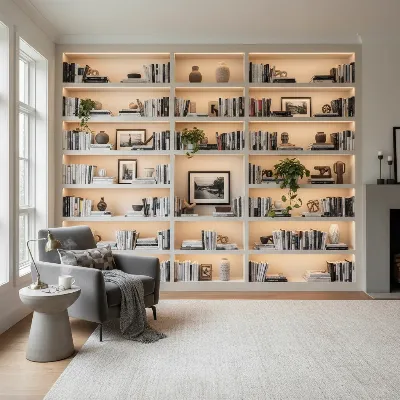 Modern built-in bookshelves with integrated lighting in a contemporary living room.