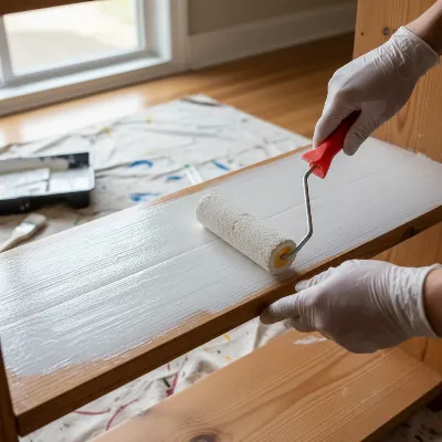 A DIY enthusiast carefully applying a bonding primer to a wooden bookshelf without sanding, using a foam roller for a smooth, even finish.