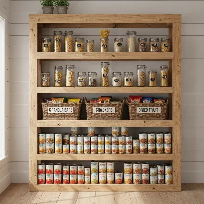 A neatly organized upcycled bookshelf pantry filled with clear containers, wicker baskets, and labeled jars, showcasing efficient kitchen storage. 