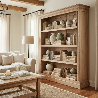 Pottery Barn Farmhouse Bookshelf in a rustic elegant living room, filled with books and decor