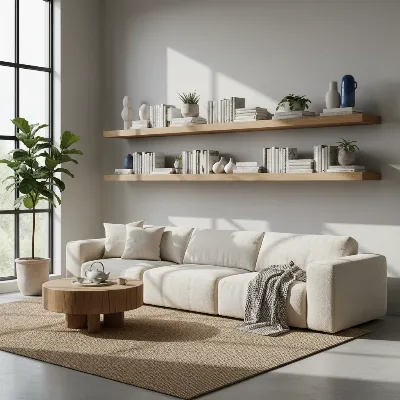 A minimalist living room showcasing rustic modern wood floating bookshelves with plants and books.