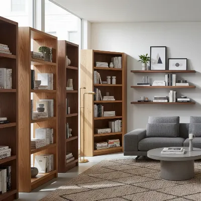 Various solid wood bookshelf styles in a modern living room setting
