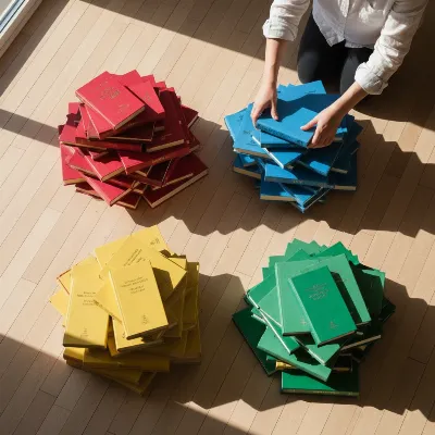 Hands sorting books into distinct color piles on the floor, demonstrating the initial step of organizing a bookshelf by color, bright natural light, top-down view