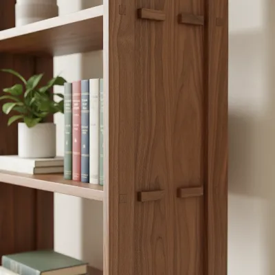Close-up of West Elm Mid-Century Bookshelf with books and a small plant, showing wood grain and quality.