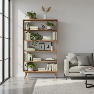 West Elm Mid-Century Bookshelf in a modern living room setting, filled with books and decorative items.
